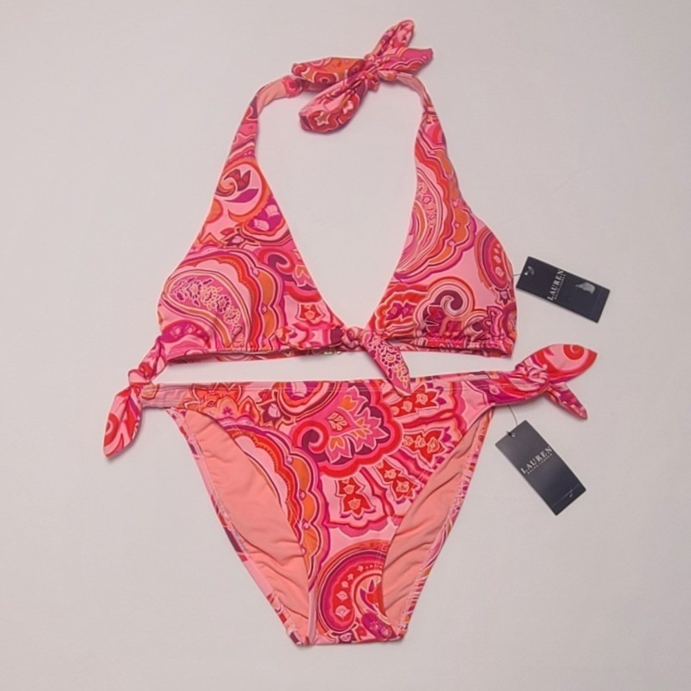Lauren‎ Ralph Lauren Pink Paisley Halter Triangle Bikini Set NWT Size 10
